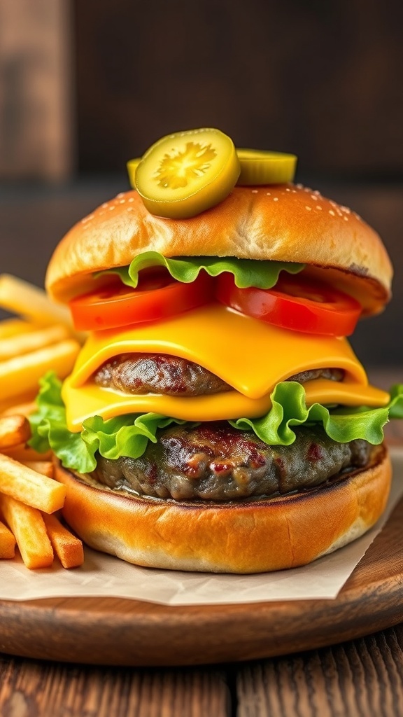 A classic cheeseburger with melted cheese, lettuce, and tomato on a toasted bun, accompanied by fries.